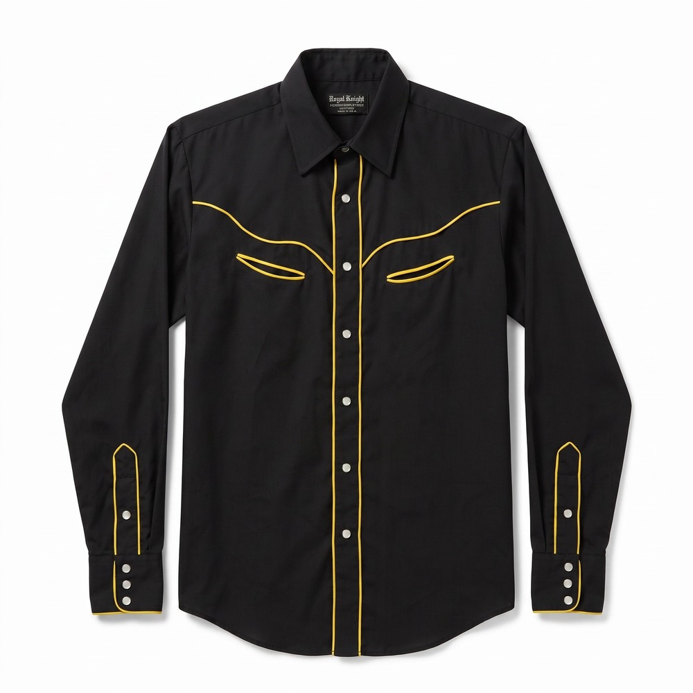 Royal Knight Western Shirt Mens Medium Black Yellow Excellent Vintage Pearl Snap